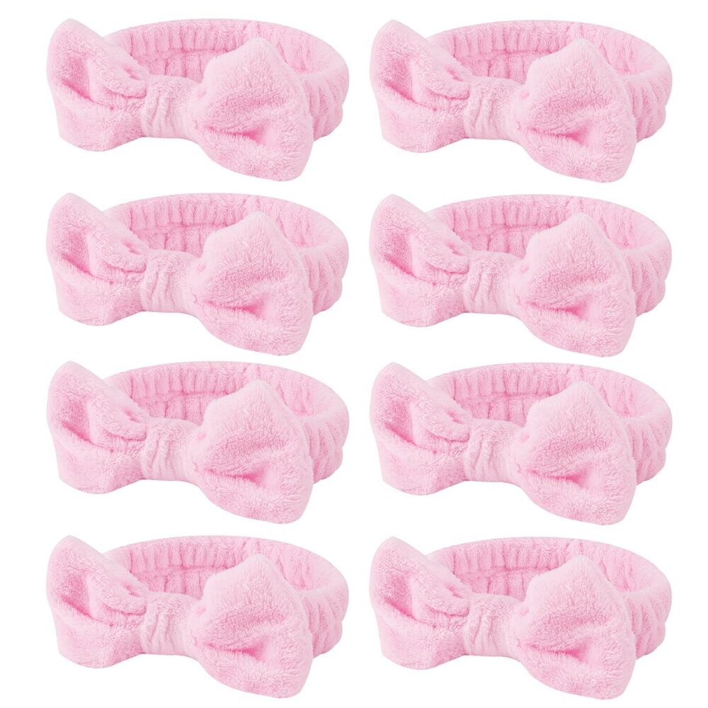 7345 8 Pcs Pink Spa Headbands, Soft Coral Fleece Hair Bow Headband